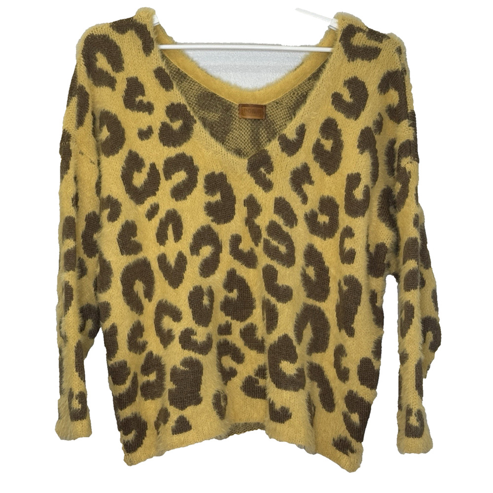 POL Animal Print Fuzzy Oversized Sweater Womens Size Medium Long Sleeve V-Neck